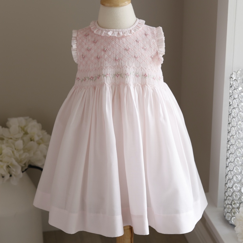Pink Smocked Heirloom Sun Dress Ruffle Trim Hand-Embroidery Boutique Portrait